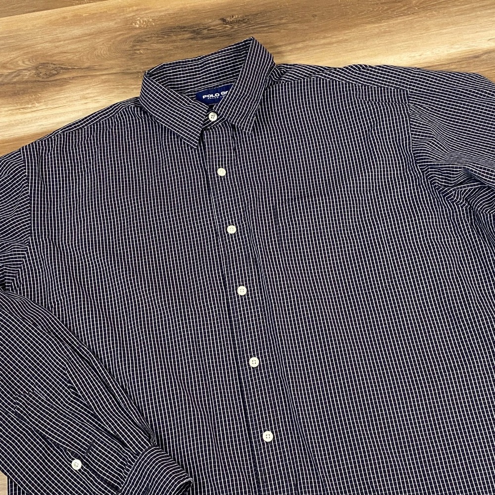Polo Golf Ralph Lauren Mens Large Navy White Check Cotton Button Down Shirt Y2K